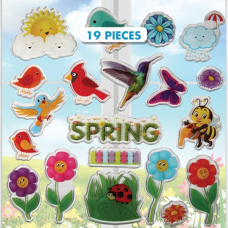 JesPlay Spring Window Clings for Kids - Flowers Birds and Bees Gel Clings for Toddlers - Reusable Window Stickers Decals for use at Home Cars Plane Airplane Classroom Activities (Jesplay USA) - Image 1